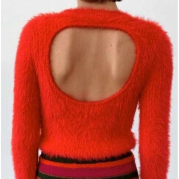 Zara Fuzzy Furry Red Orange Sweater Women M (small) Open Back Cut Out Soft - Picture 12 of 12